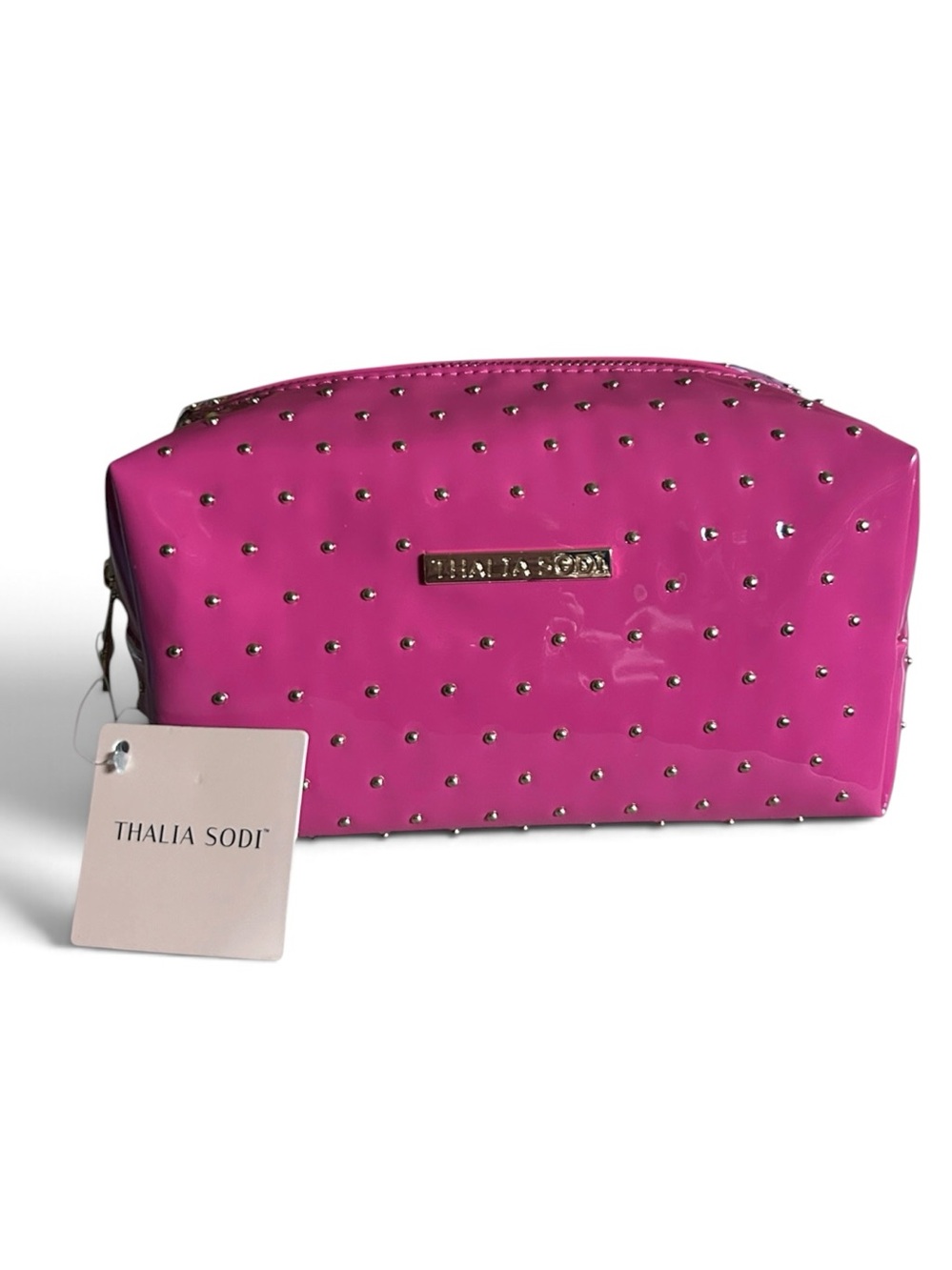 Thalia Sodi Hot Pink Glossy Makeup Bag Cosmetic Case with All Over Gold Studs
